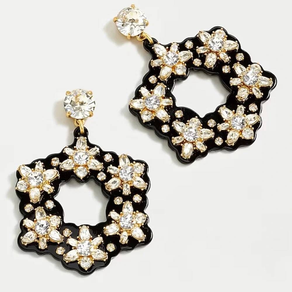 J.Crew Drop Earrings Night Flower Crystal Wreath Statement Black Gold RARE New